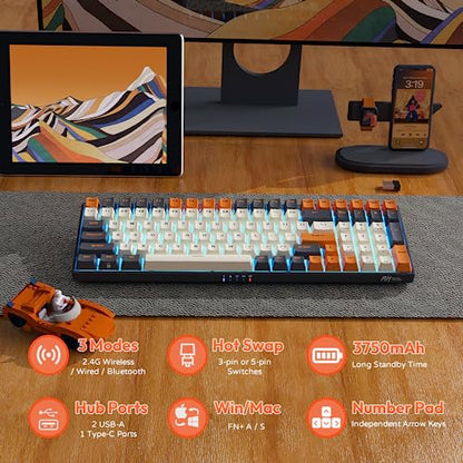 RK ROYAL KLUDGE RK100 Wireless Mechanical Keyboard RGB Backlit Bluetooth5.1/2.4G/Wired 96% Full Size 100-Key Hot Swappable Gaming Keyboard Blue Switch Carbon | 96% Full Size Keyboard with Number Pad, 2.4Ghz/BT/Wired, Hot Swappable PCB, 3750mAh battery, RG