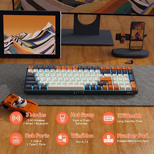 RK ROYAL KLUDGE RK100 Wireless Mechanical Keyboard RGB Backlit Bluetooth5.1/2.4G/Wired 96% Full Size 100-Key Hot Swappable Gaming Keyboard Blue Switch Carbon | 96% Full Size Keyboard with Number Pad, 2.4Ghz/BT/Wired, Hot Swappable PCB, 3750mAh battery, RG