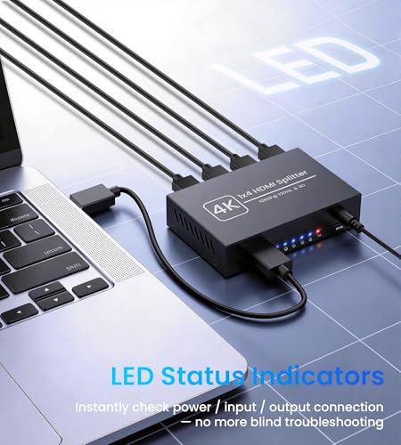 4K HDMI Splitter 1 in 4 Out, Supports 1080P@120Hz, Up to 100ft Transmission | Powered 1x4 HDMI Splitter with 5V DC UL Power Adapter, Mirror Display Only, Compatible with TV, PS5, Xbox, Projector