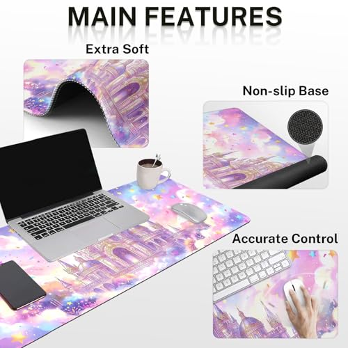 Arttown Keyboard Mouse Pad Set, 4 in 1 Desk Mat Set Pink Castle | Star Ribbons Large Mousepad+Keyboard Wrist Rest+Mouse Wrist Rest+Coaster Ergonomic Design for Home Office Computer - color: Pink Castle