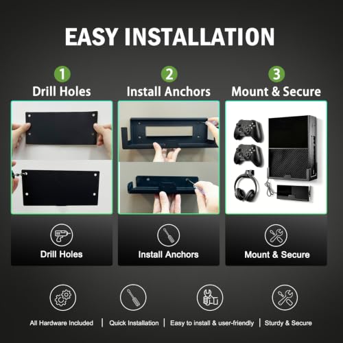 BracNova Wall Mount for Xbox One,Steel Wall Mount Kit for Xbox One Original and Power Brick Mount-Xbox One Stand with 3 Detachable Controller Holder and Headphone Hook