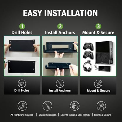 BracNova Wall Mount for Xbox One,Steel Wall Mount Kit for Xbox One Original and Power Brick Mount-Xbox One Stand with 3 Detachable Controller Holder and Headphone Hook