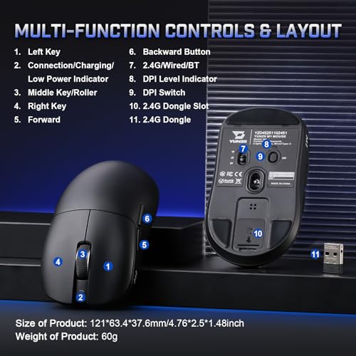 YUNZII M1 PAW3311 Sensor Wireless Gaming Mouse (Black) | 7-Level DPI Adjustment Up to 10000 DPI, Stable 1000Hz polling rate, 60g Lightweight Design, Easy Software for Win & Mac - color: Black