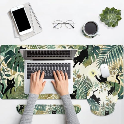 Britimes Green Tropical Plants Keyboard Mouse Pad Set Black Cats 4in1 Large Mousepad+Keyboard Wrist Rest+Mouse Wrist Rest+Coaster Ergonomic Design for Home Office Computer 35.4x15.7 inches - color: Tropical Plants and Cat