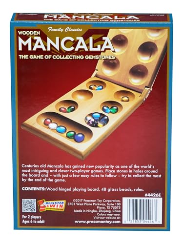 Pressman Mancala Board Game | Fun Classic Table for Adults & Kids | Includes 48 Glass Mancala Stones and Wood Hinged Playing Board | 2 Players, Ages 6+ - size: 1 pack