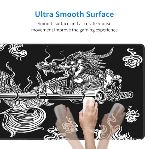 Japanese Dragon Gaming Mouse Pad Large Black Desk Mat, 31.5x11.8in, XL | Extended Big Mousepad, Waterproof Smooth Surface, Non-Slip Rubber Base, Stitched Edges, For Keyboard Mouse, For Home Office - color: Japanese Dragon