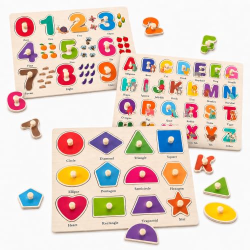 Wooden Peg Puzzles for Toddlers, 3 Pack Large Wooden Knob Puzzles for Ages 3-5, Montessori Shape Matching Toys, Preschool Learning Puzzles for Fine Motor Skills, Birthday Gifts for Boys Girls 3 4 5 - color: Large 3-pack