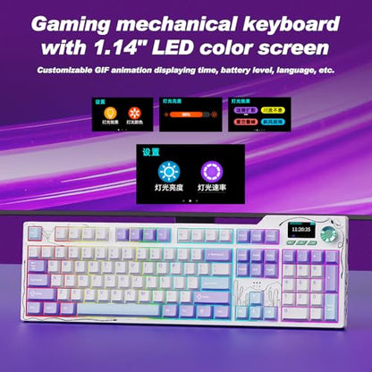 Ajazz AK35I V4 Full Size Wireless Mechanical Keyboard with 1.14" Color Screen & Knob, Tri-Mode Gasket Hot Swappable Gaming Keyboard, 10000mAh Battery, RGB, Purple - color: Purple White