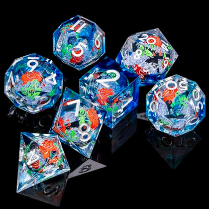 ARUOHHA Liquid Core DND Dice Set, Vampire Sharp Edged Dragons Dice Compatible with D&D RPG Role Playing Games, Resin Blood Red Polyhedral Dungeons D and D Dice with Gift Box D20 D12 D10 D8 D6 D4 - color: Rose - Silver Blue