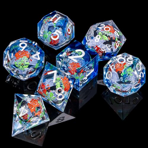 ARUOHHA Liquid Core DND Dice Set, Vampire Sharp Edged Dragons Dice Compatible with D&D RPG Role Playing Games, Resin Blood Red Polyhedral Dungeons D and D Dice with Gift Box D20 D12 D10 D8 D6 D4 - color: Rose - Silver Blue