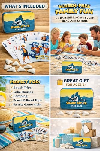 Shark Attack Card Game | Beach Game and Pool Game for the Whole Family | Screen for All Ages Adults and Grandparents | Perfect for Vacation, Lake Cabins and Beach Houses