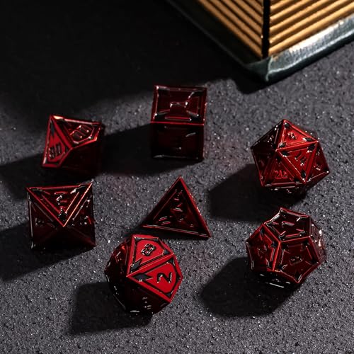 UDIXI Red Metal Dice Set D&D, Heavy Metal DND Dice Set for Tabletop Games | 7-Pieces, Lozenge Pattern, Zinc Alloy, Gorgeous Metal Gift Case, DM Gift, for RPG Dungeons and Dragons Role Playing Games - color: Red