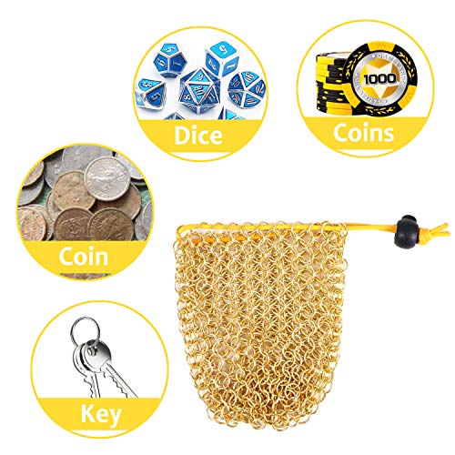 YOUSHARES Chainmail D&D Dice Bag for Dungeo and Drago Drawstring Stainless Steel Dice Bag Dice Set (Hold 42 DND Dice, Gold) - color: Gold