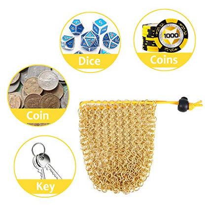 YOUSHARES Chainmail D&D Dice Bag for Dungeo and Drago Drawstring Stainless Steel Dice Bag Dice Set (Hold 42 DND Dice, Gold) - color: Gold