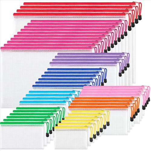 JARLINK 48 Pcs Mesh Zipper Pouch Bags, 8 Sizes Waterproof Zipper Bags | Multi-use Travel Bags for Office, School, Board Game, Puzzles, Cosmetics, Travel Accessories, and Home Organization, 9 colors - style: 48pcs