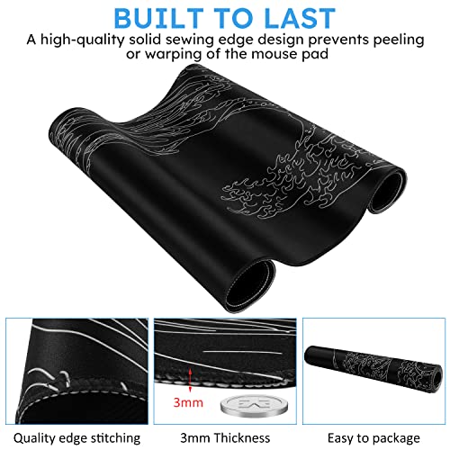 iCasso Mousepad,Gaming Mouse Pad,Black Wave of Kanagawa | Large Desk Mat,Big Rubber Base Mouse Mat with Stitched Edges,Computer Keyboard Desk Pad for Work Office Home - color: Black Wave of Kanagawa