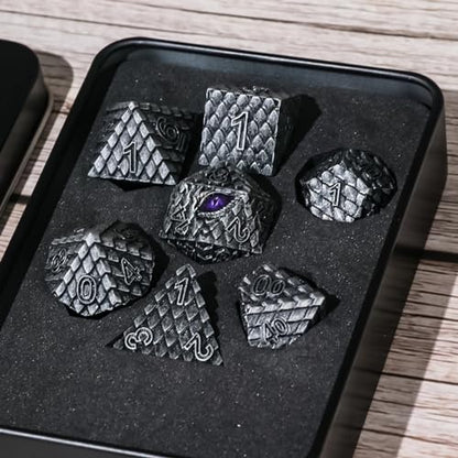 Metal Dice Set D&D,7 PCS Dragon Scale Metallic DND Dice Set,Dragon Eye Metal Dice with Grogeous Gift Case for Dungeons and Dragon Tabletop Game (Old Grey Dragon Scale & Purple Eye) - color: Old Grey Dragon Scale & Purple Eye
