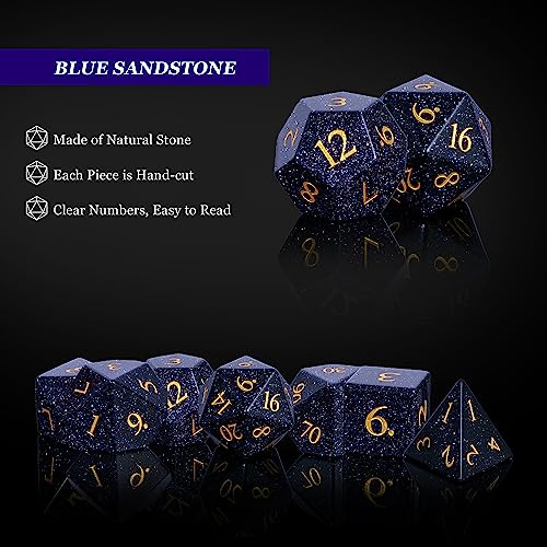 UDIXI Stone Dice Set Blue Sandstone Gemstone DND Dice for Tabletop Games | Natural Stone, Premium Gift Box, DM Gift, for Dungeons and Dragons Role Playing Games - color: Glossy Blue Sandstone