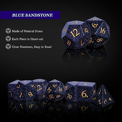 UDIXI Stone Dice Set Blue Sandstone Gemstone DND Dice for Tabletop Games | Natural Stone, Premium Gift Box, DM Gift, for Dungeons and Dragons Role Playing Games - color: Glossy Blue Sandstone