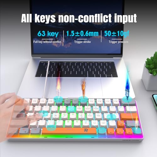60% Mechanical Gaming Keyboard 60 Percent,LED Backlit Compact 63 Keys Mini Wired Keyboard for PC,Windows XP,Win 7/10,Vista,Me,Typist,Travel,(Grey-White-Orange, Blue Switches)