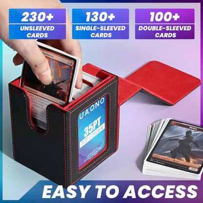 UAONO Card Deck Box for MTG Commander, Fits 100 Double-Sleeved Cards | Independent Commander Display, Magnetic Deck Case for Magic the Gathering TCG, 2 Dividers & 1 Top Loader (Black, Red) - color: A-Black&Red