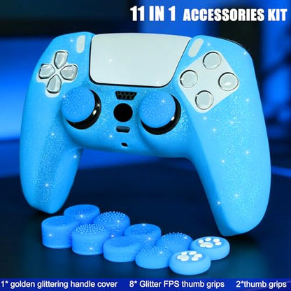 Blue Glitter Anti-Slip Protective Silicone Cover Skin Grips Compatible with PS5/Slim/Pro Controller,8 PCS Glitter Thumb Grips Caps and 2 Grips Caps. (Glitter Blue) - color: Blue
