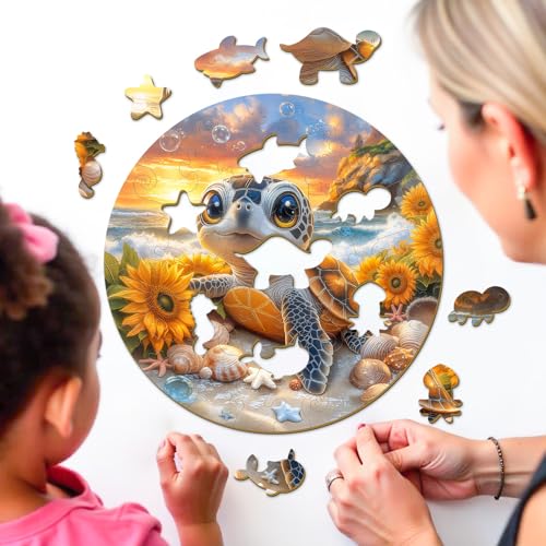 Ocean Animal Wooden Puzzles for Kids - Sea Turtle (11.4 * 11.4 in) | 50 Piece Puzzles for Kids Ages 6-8, Kids Puzzles with Unique Animal Shapes, Round Gift for Girls and Boys - color: Sea Turtle