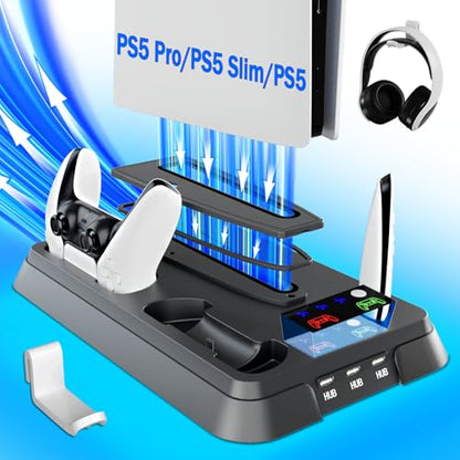 PS5/Slim/Pro Stand for PlayStation 5 Disc & Digital Console, PS5 Cooling & Charging Station, PS5 Controller Charger Incl.3 Level Fan,Headset, PS5/Slim/Pro Accessories Comes 3 USB Ports - color: Black-1