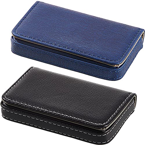 Outus 2 Pcs Business Card Holder, PU Leather Business Card Case Pocket Wallet with Magnetic Shut for Valentines Gift Adult(Blue and Black) - color: Blue and Black