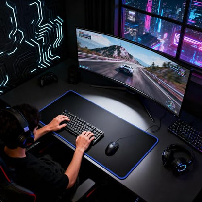 JIALONG Large Gaming Mouse Pad, Extended Mousepad with Blue Stitched Edges, XXL Desk Mat, Big Computer Keyboard Mat for Gaming and Office, 35.4 x 15.7 inches - color: Blue Stitched Edges
