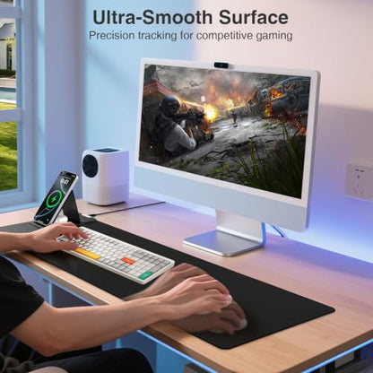 Mouse Pad with Wireless Charging & Foldable Phone Holder, 27.5"x11.8" Black | Desk Protector with Stitched Edges, Non-Slip Base, Laptop Desk Mat, Waterproof Writing Pad for Office & Home - color: Black-Phone Holder-27.5"x11.8"