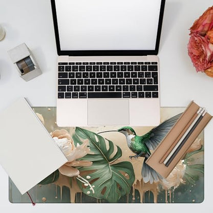 Desk Pad, Elegant Hummingbird Desk Mat, Oil Painting Flowers and Leaves Large Gaming Mouse Pad, 31.5"x15.7" Extended Big Computer Mouse Pad with Non-Slip Base and Stitched Edge - color: Elegant Hummingbird