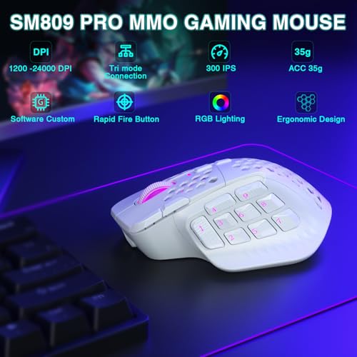 SOLAKAKA SM809 Pro Gaming Mouse with 9 Side Buttons,24000 DPI RGB Mouse for Gamer,16 Programmable Macros MMO Mouse (Wireless, 1-white2) - color: 1-white2