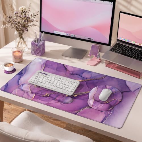 iCasso Purple Ergonomic Large Mouse Pad with Wrist Support, 4in1 XXL Desk Mat Set- Keyboard Wrist Rest + Mouse Wrist Rest + Coaster, Marble Style Desk Pad Mousepad - color: 1-Purple Marble