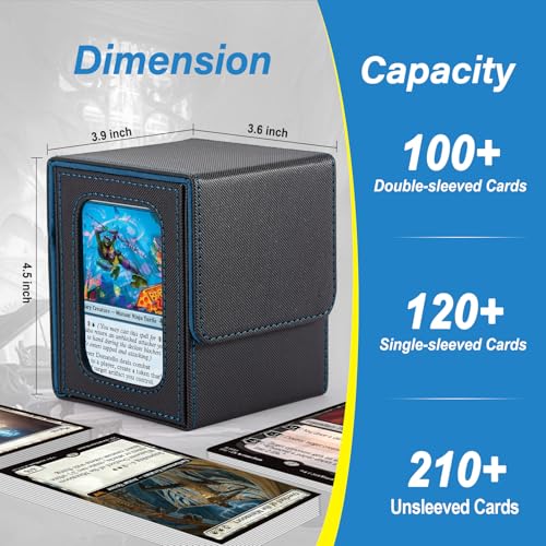 MTG Deck Box, Double Display Window MTG, Commander Deck Box Fits 120+ Single Sleeved Cards, PU Leather Magnetic Closure Card Box with 2 Dividers&2 Toploaders for TCG, CCG, Black/Blue - color: Black/Blue, size: 1 pack
