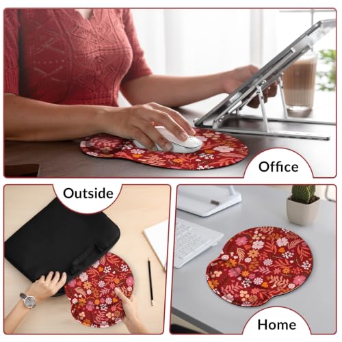 KONVINIT Ergonomic Mouse Pad with Wrist Rest, Small Mousepad with Non-Slip Rubber Base and Smooth Surface, Red Mouse Pads for Desk, Office Desk Accessories - color: Red Flowers