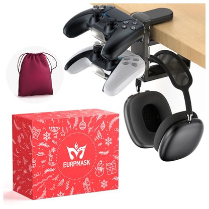 3in1 Rotating Headphone Holder - EURPMASK 3in1 PC Gaming Headset Holder w/Detachable Controller Holder, Adjustable Clamp-on Headset Stand,Headphone Hanger Hook Under Desk w/Cable Clip Organizer,Black - color: Gaming Combo Black