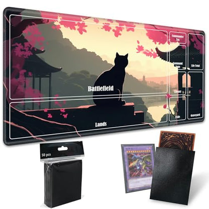 Board Game Mat TCG Playmat Plus 50 Pcs Card Sleeves, 24 x 14 inches Table Mats Games Mousepad with Zones Smooth Surface for MTG RPG CCG Trading Card Game Play Mats, Black Cat Landscape - color: Black Cat Landscape, size: Zone 1