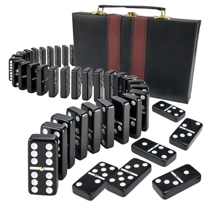 Playbees Jumbo Double Six Dominoes Set - 28 Black Classic Tiles in Faux Leather Case - Fun Educational Toy for Kids, Boys, Girls, Classroom Kit, Classic Game Night Party Favors Set, Travel-Friendly - size: Black