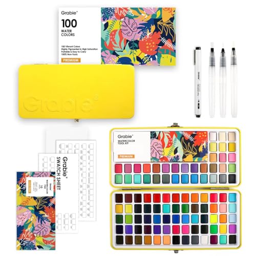 Grabie 100 Colors Premium All-In-One Watercolor Paint Set - 50 Essential, 35 Metallic, 10 Pastels, 5 Neon Hues - Portable Case, Brush Pens, Paper Pad, Waterproof Fineliner Pen, Beginner & Professional, Set of 100 - color: 100 Colors（Premium）