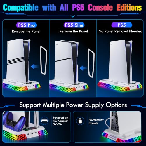 Cooling Station for PS5 Slim Pro,Vertical Stand with Adjustable Fan Charger | Gift for PS5 Long Gaming,3 Level Quiet Fan,Two Controller Charging,10 Colors Dynamic Mode,Headset Hook,USB Hub,Anti-Slip Base - color: White
