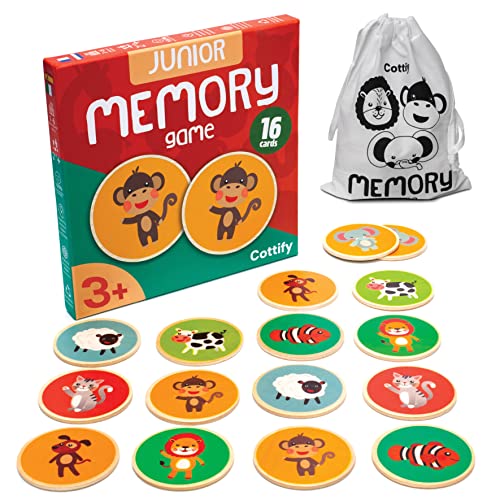Montessori-Inspired Wooden Matching Game for Toddlers 2-4 Years - Durable, Scratch-Resistant 16 Card Set, Includes Carry Bag - Memory Game for Toddlers 2-4 Years - Cognitive Verbal Skills Development - size: Animals 16 cards