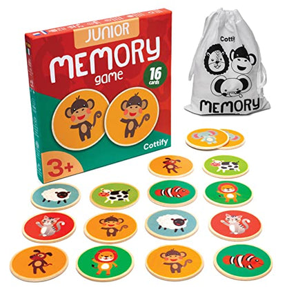 Montessori-Inspired Wooden Matching Game for Toddlers 2-4 Years - Durable, Scratch-Resistant 16 Card Set, Includes Carry Bag - Memory Game for Toddlers 2-4 Years - Cognitive Verbal Skills Development - size: Animals 16 cards