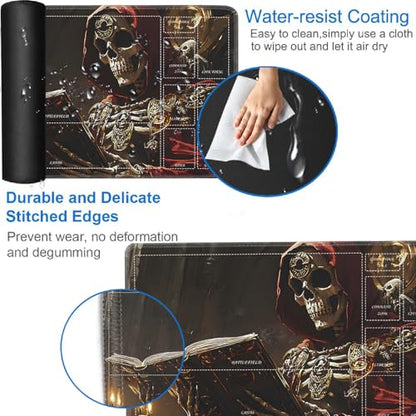 for MTG/TCG Playmat with Zones, 24 x 14 inches Trading Card Playmat with A Storage Bag and 6 Dice, Non-Lip Rubber Bottom Game Desk Mat, Red Robe Skeleton Ancient Book - color: Yux-playmats-2-3A-241