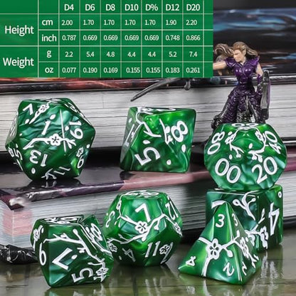 CiaraQ 7pcs Polyhedral Dice Set for Dungeon and Dragons MTG Table Games | Acrylic Role Playing Dice for D&D with Black Velvet Bag – Green Pearl with White Numbers & Plum Blossom Patterns - color: Green and White Floral Dice