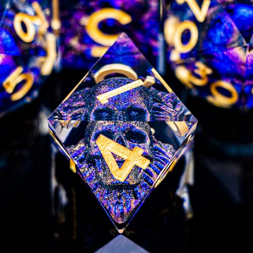 DND Skull Dice Set 7PCS Necromancer Polyhedral Dice for Dungeons Dragons RPG Role Playing Game, Resin Sharp Edged D and D Dice with Gift Box D6 D8 D10 D12 D20 (Blue-Violet) - color: Blue Purple&gold
