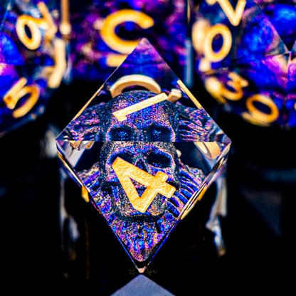 DND Skull Dice Set 7PCS Necromancer Polyhedral Dice for Dungeons Dragons RPG Role Playing Game, Resin Sharp Edged D and D Dice with Gift Box D6 D8 D10 D12 D20 (Blue-Violet) - color: Blue Purple&gold