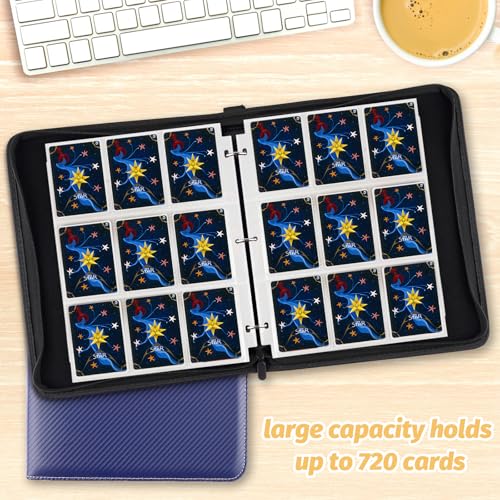 720 Pockets Round Ring Trading Card Binder, 9-Pocket Clear Zipper Card Album with Wrist Strap, Holds 720 Standard TCG Cards Compatible with Sports Baseball Football Game Cards (Dark Blue) - color: 9 Pocket 720 Carton Blue