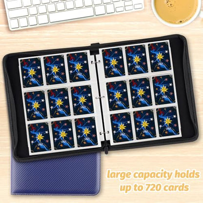 720 Pockets Round Ring Trading Card Binder, 9-Pocket Clear Zipper Card Album with Wrist Strap, Holds 720 Standard TCG Cards Compatible with Sports Baseball Football Game Cards (Dark Blue) - color: 9 Pocket 720 Carton Blue