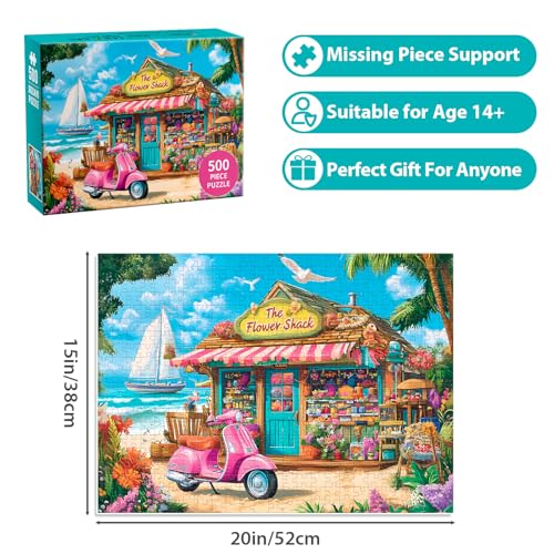 500 Pieces Puzzle for Adults, Beach House Flower Puzzle, Recycled Cardboard Jigsaw Puzzles 500 Pieces, Challenging Puzzles Game Home Art Decor Birthday Party Gift Toy for Teens Seniors 20.5 * 15 inch - style: Beach
